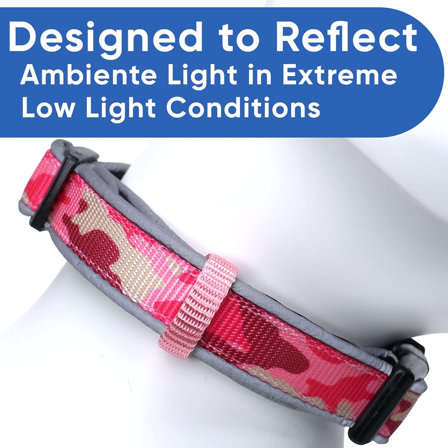 Soft Adjustable Reflective Padded Pet Dog Collar Camouflage Pink Camo Medium / Large 3/4 Inch