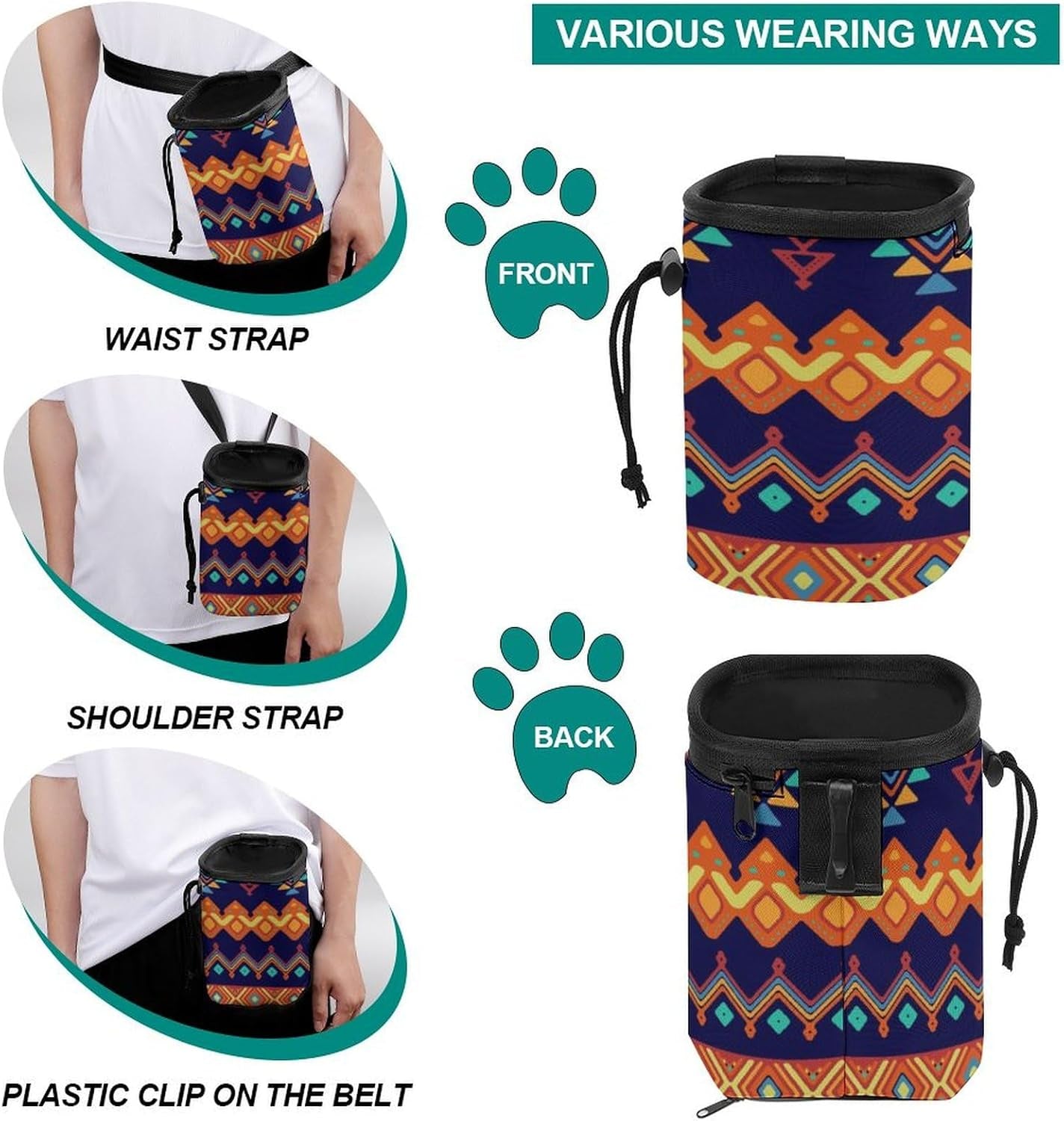 Ethnic Style Dog Treat Training Pouch Puppy Training Tools Bag with Drawstring and Waist Strap