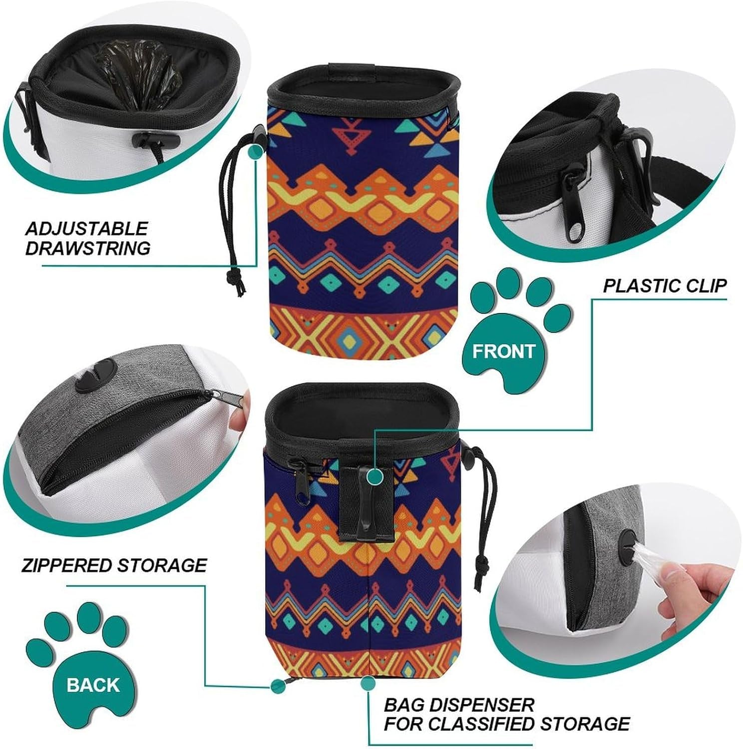 Ethnic Style Dog Treat Training Pouch Puppy Training Tools Bag with Drawstring and Waist Strap